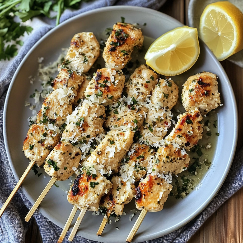 Garlic Parmesan Chicken Kebabs for Grilling and Serving