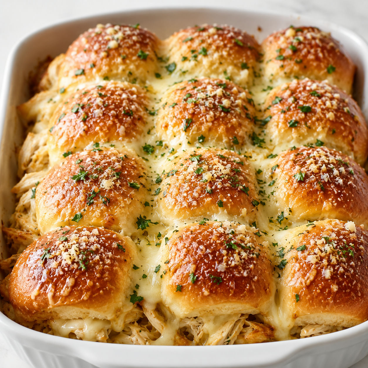 Garlic parmesan chicken sliders on Hawaiian rolls with melted cheese and parsley