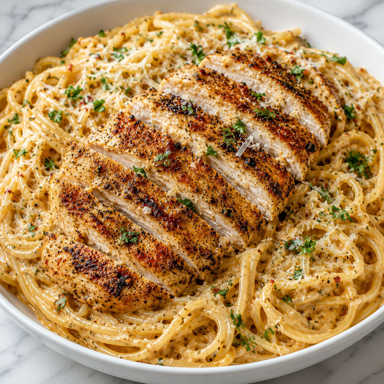Garlic Parmesan Cajun chicken spaghetti with parsley in a white bowl