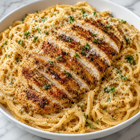 Garlic Parmesan Cajun chicken spaghetti with parsley in a white bowl