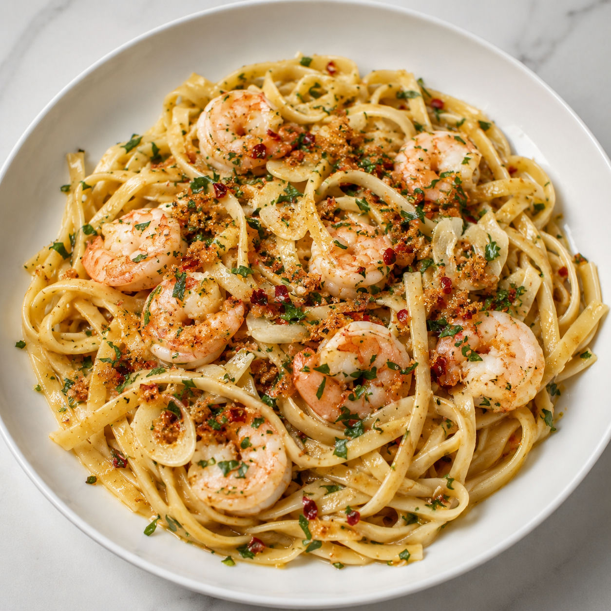 Garlic shrimp pasta with parsley and lemon in a white bowl