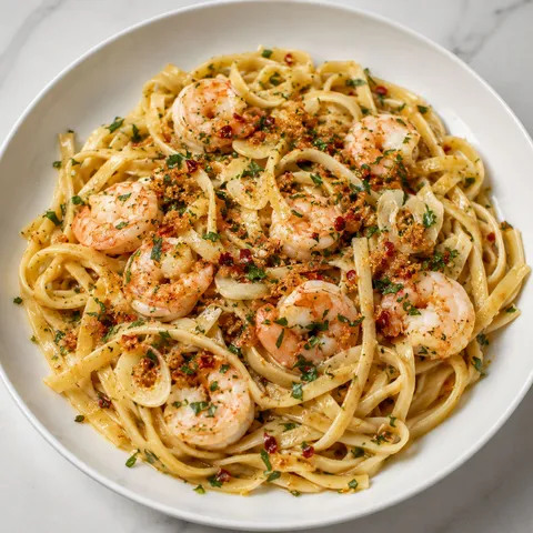 Garlic shrimp pasta with parsley and lemon in a white bowl