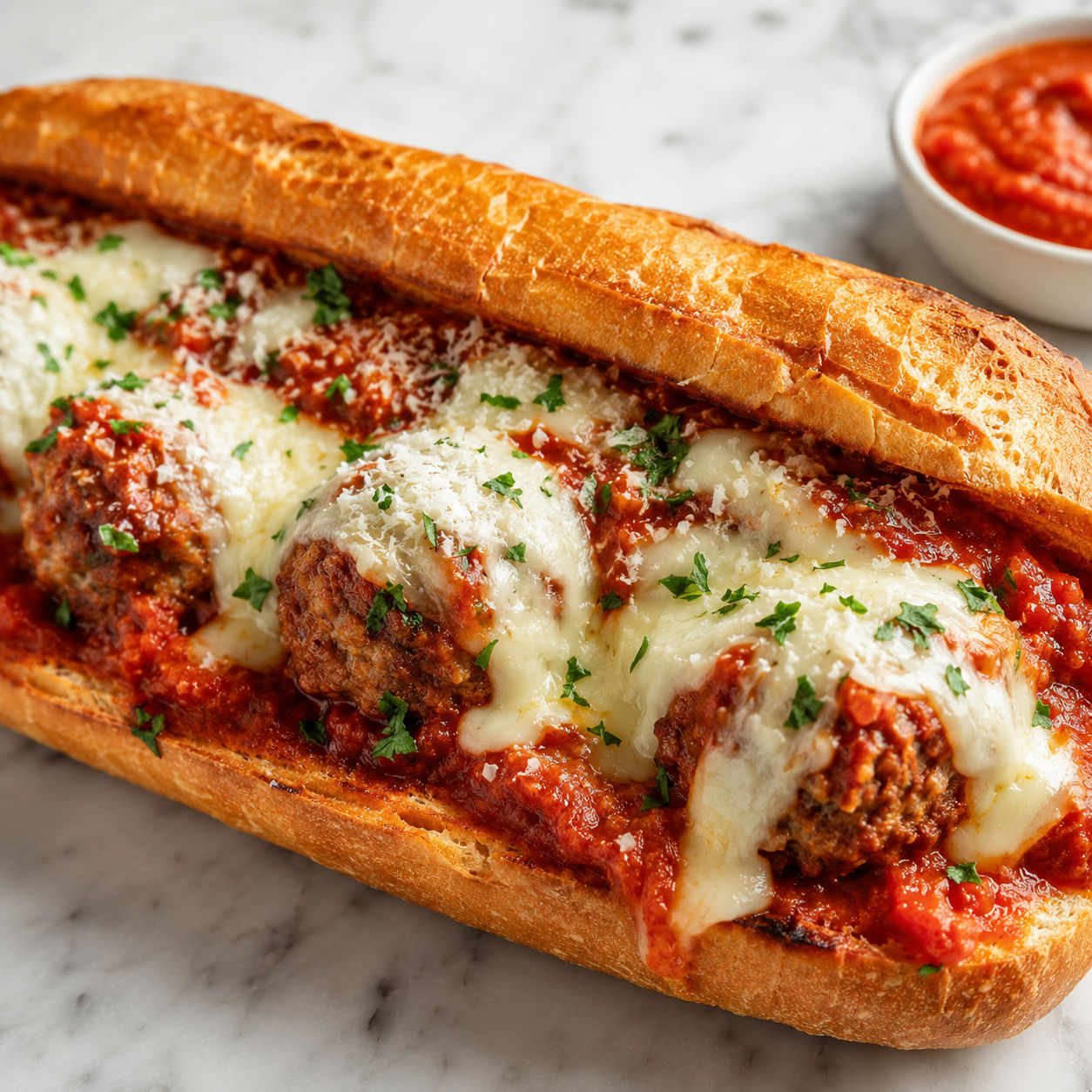Giant meatball sub with marinara, provolone, parmesan, and parsley