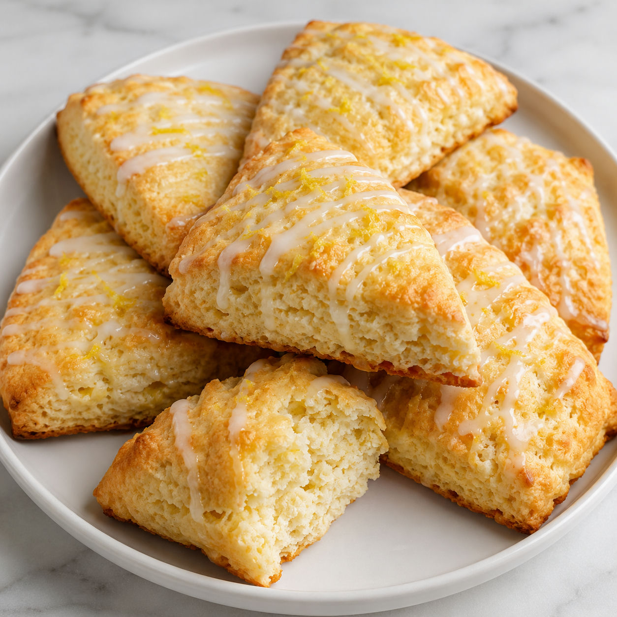 Gluten free lemon cottage cheese scones with lemon glaze on a white plate