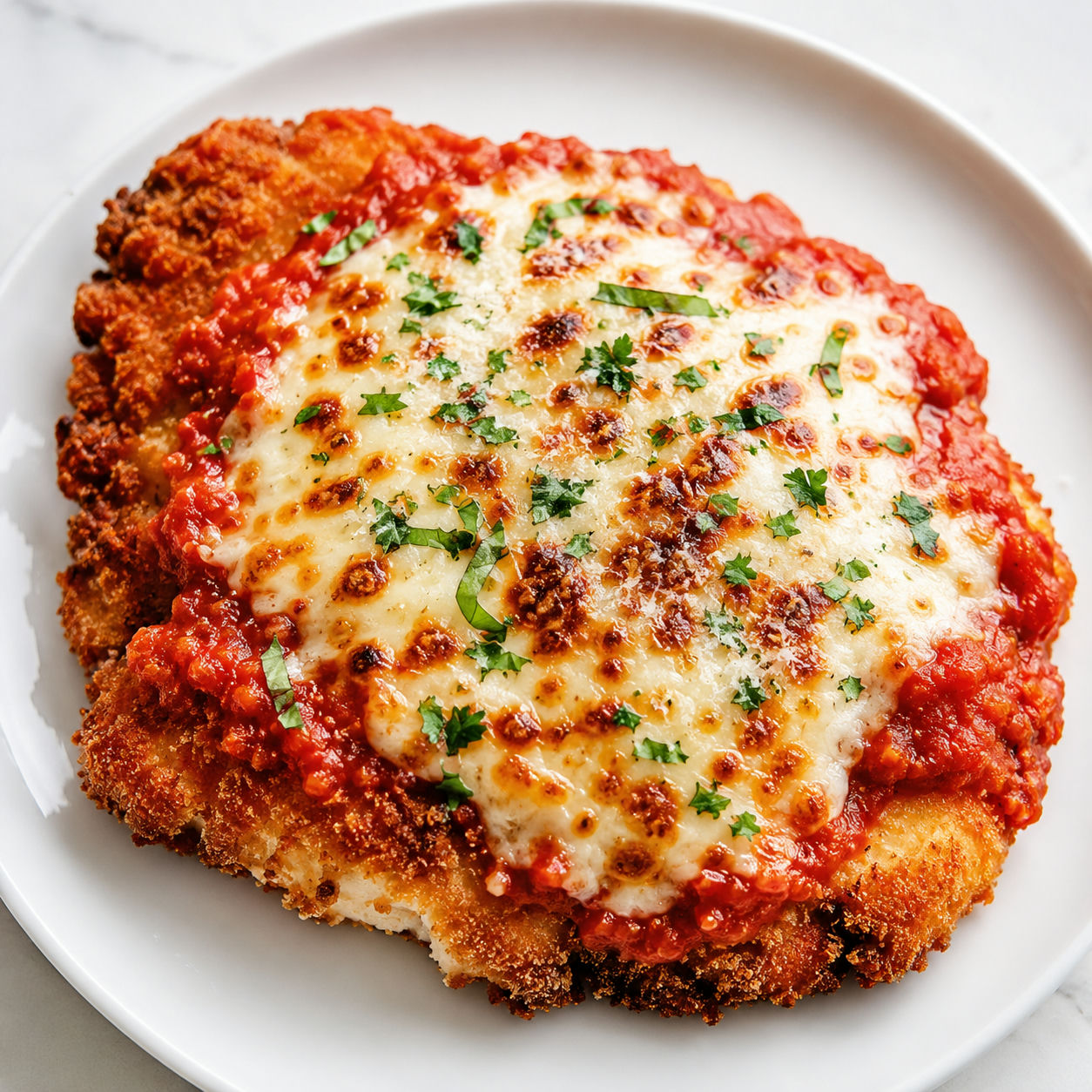 Golden breaded chicken Parmesan with marinara, melted mozzarella, and herbs