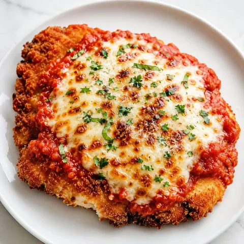 Golden breaded chicken Parmesan with marinara, melted mozzarella, and herbs