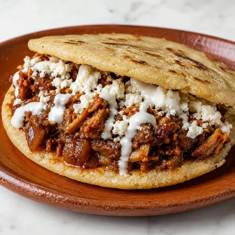 Gordita split open filled with chicharron en salsa and crumbled queso fresco on a clay plate