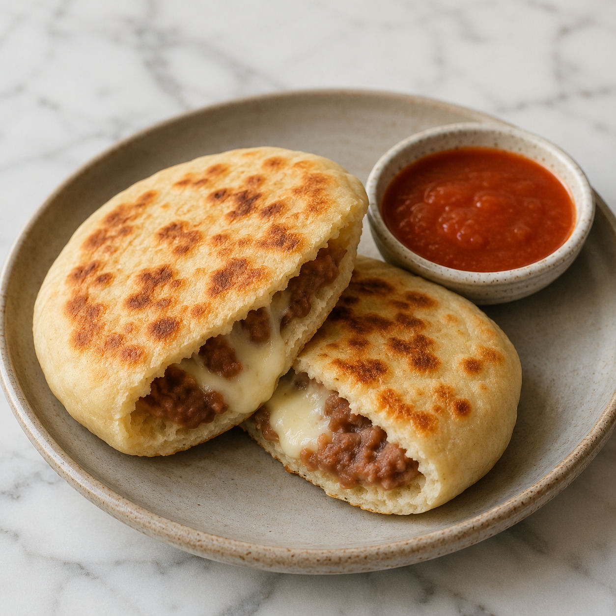 Gorditas de harina on a plate, one split open with refried beans and melted cheese