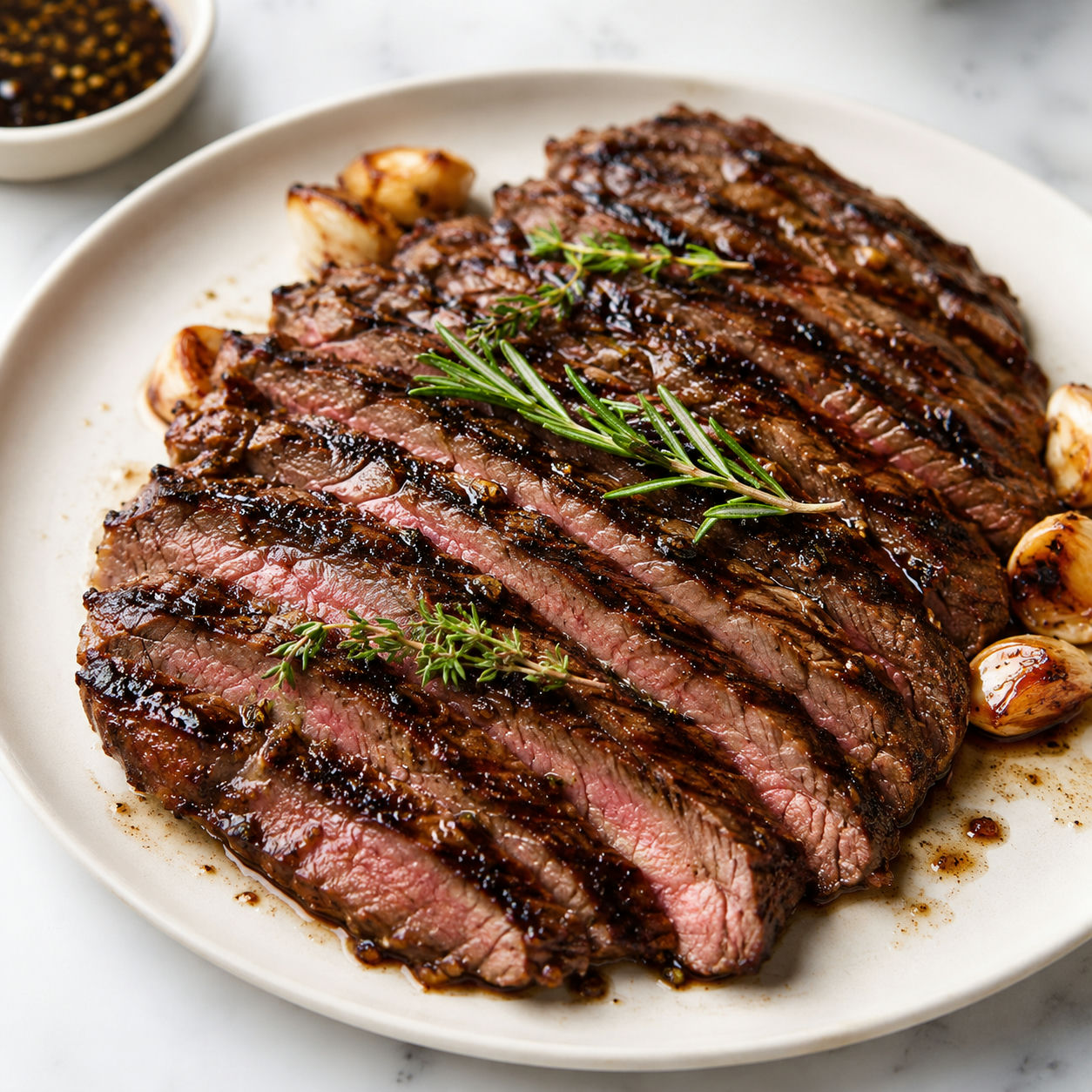 Sliced marinated steak with rosemary, garlic, and a glossy seared crust
