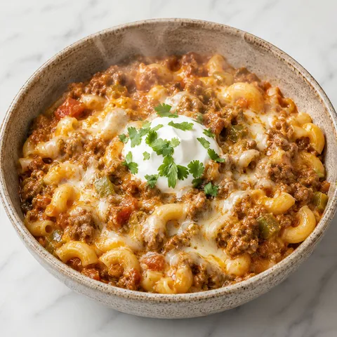 Bowl of green chile goulash with queso, sour cream, and fresh cilantro