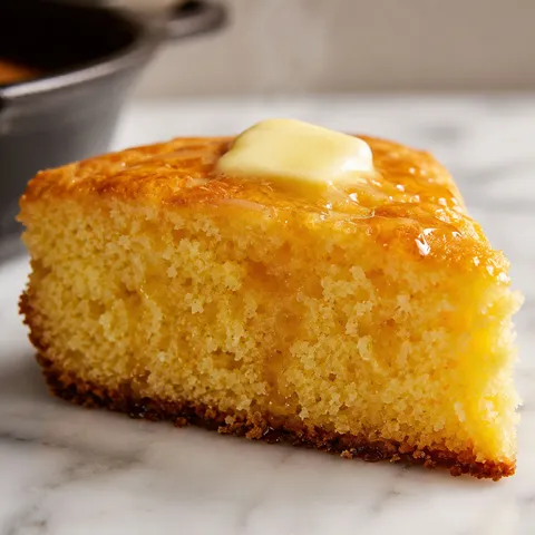 Golden Southern buttermilk cornbread wedge with dark crispy bottom, melting butter, and honey on a wooden table
