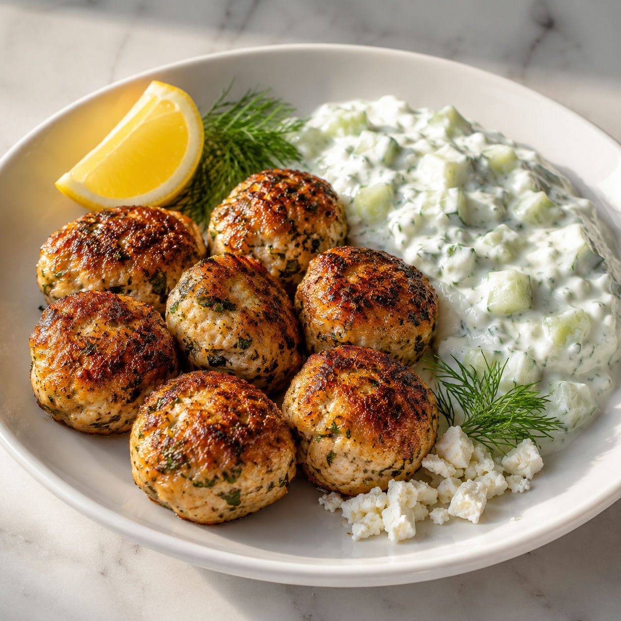 Golden Greek chicken meatballs with creamy tzatziki, dill, and feta on a white ceramic plate