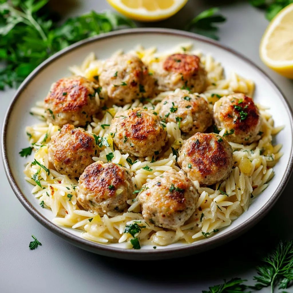 Greek Chicken Meatballs with Lemon Orzo