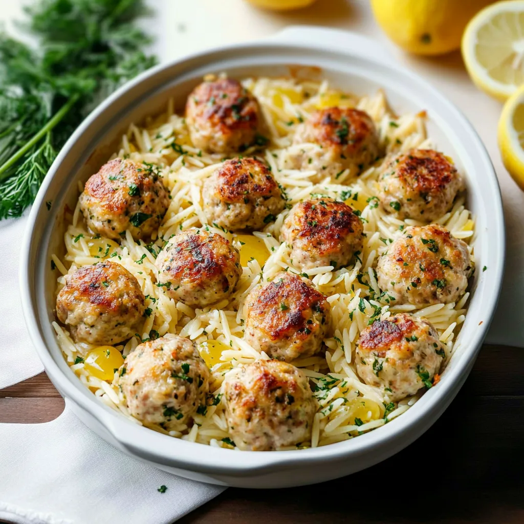 Greek Chicken Meatballs with Lemon Orzo