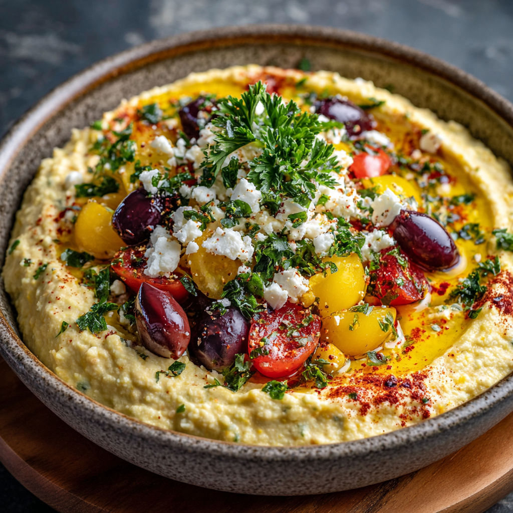 Greek Style Hummus with Mango, Olives, and Feta