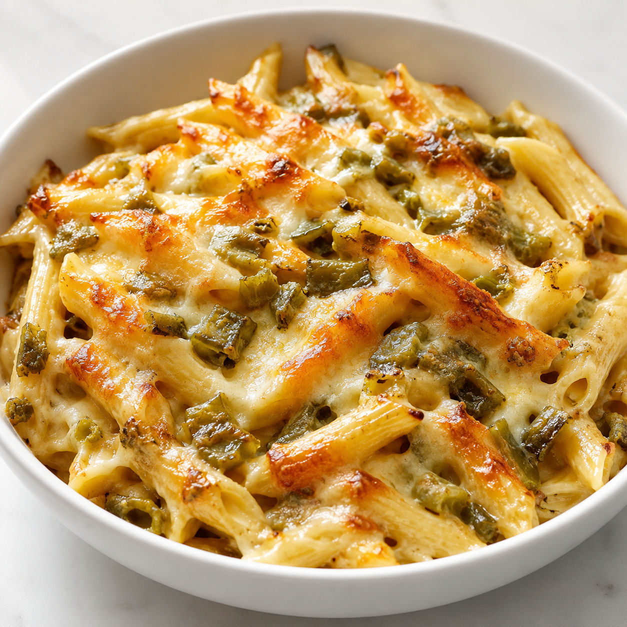 Green chile cheese baked pasta in a white ceramic bowl with golden bubbly top