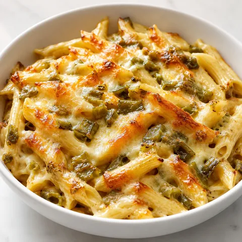 Green chile cheese baked pasta in a white ceramic bowl with golden bubbly top