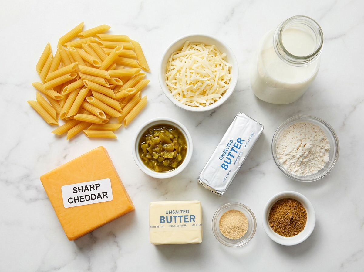 Raw ingredients for green chile cheese baked pasta on a marble surface