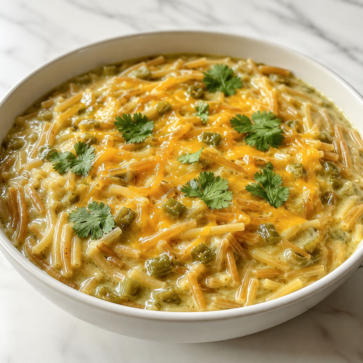 Creamy green chile cheese fideo in a bowl with melted cheddar and cilantro