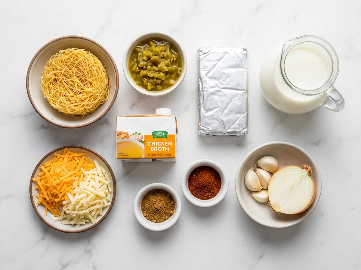 Raw ingredients for creamy green chile cheese fideo on a marble surface