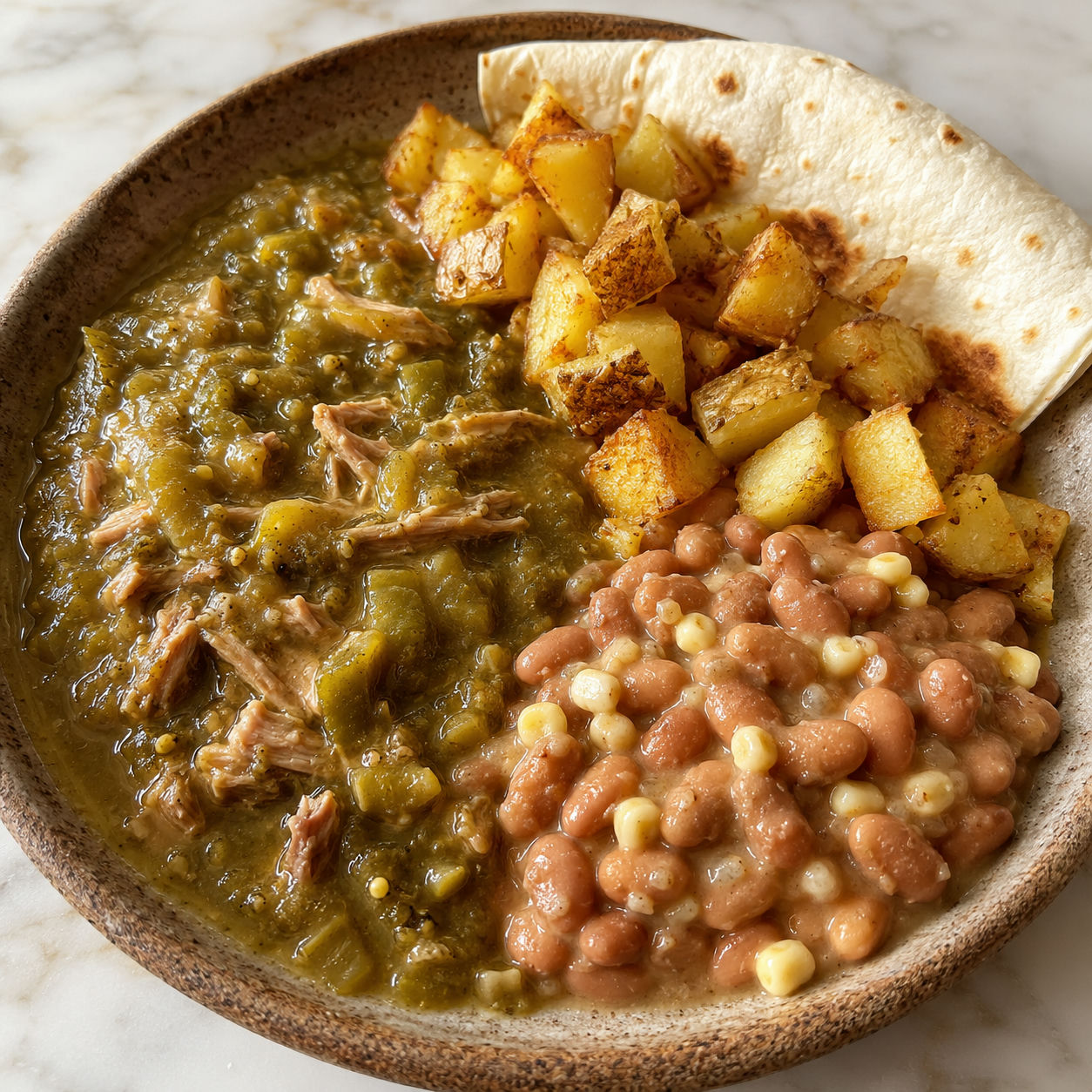 Green chile pork stew with crispy papas and pinto beans with chicos in a ceramic bowl with tortilla