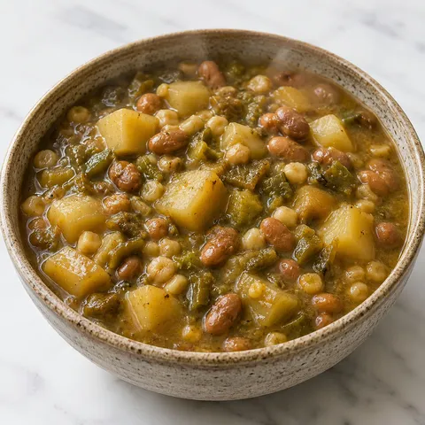 Green chile pork stew with crispy papas and pinto beans with chicos in a ceramic bowl with tortilla