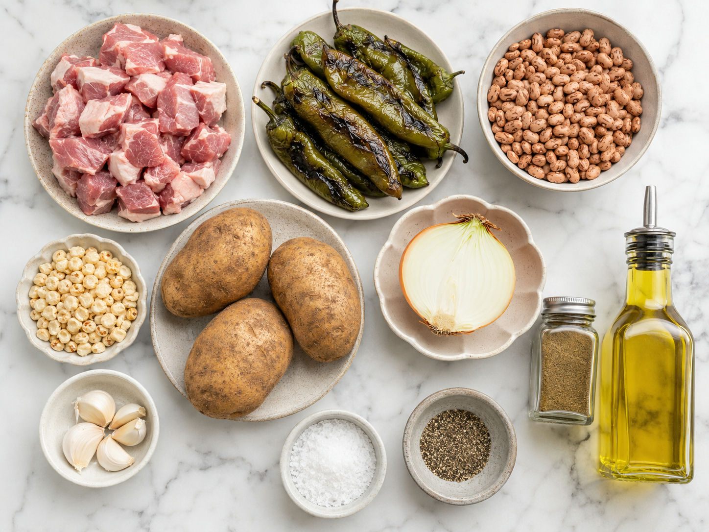 Raw ingredients for green chile papas and beans with chicos on a wood cutting board