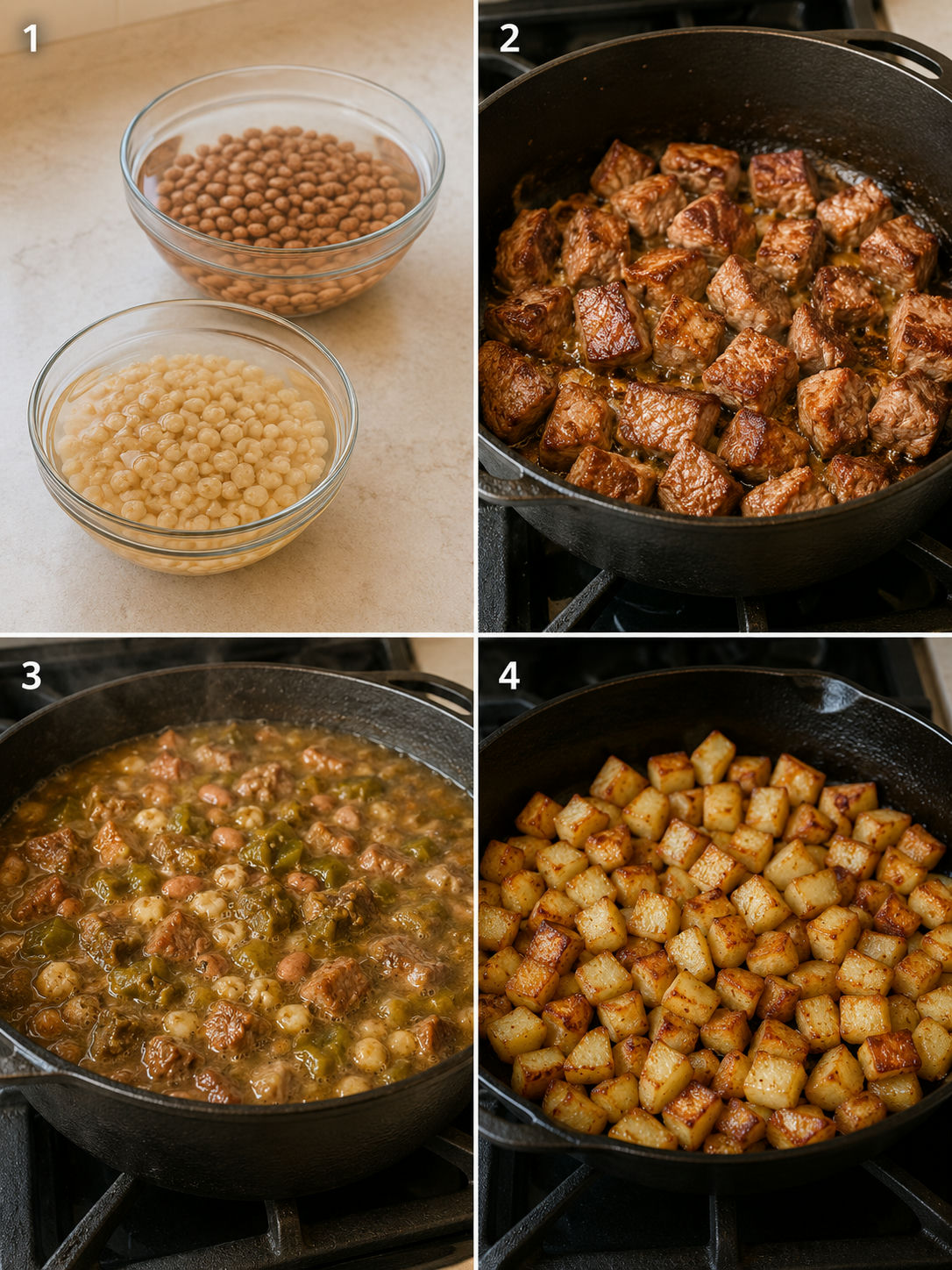 Four cooking steps: soaking beans and chicos, browning pork, simmering green chile stew, frying papas
