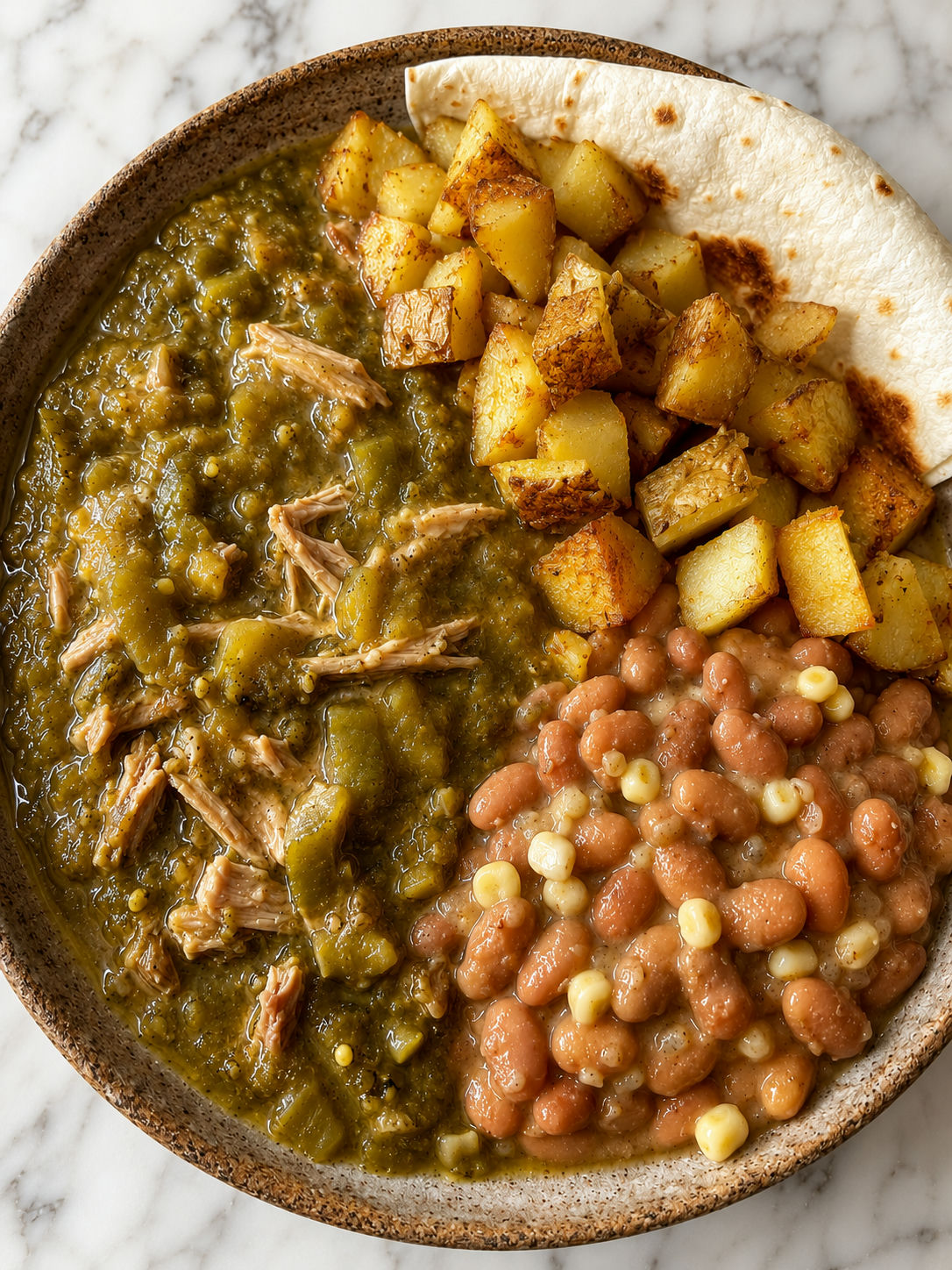 Overhead view of green chile pork stew with crispy papas, pinto beans and chicos in a rustic bowl