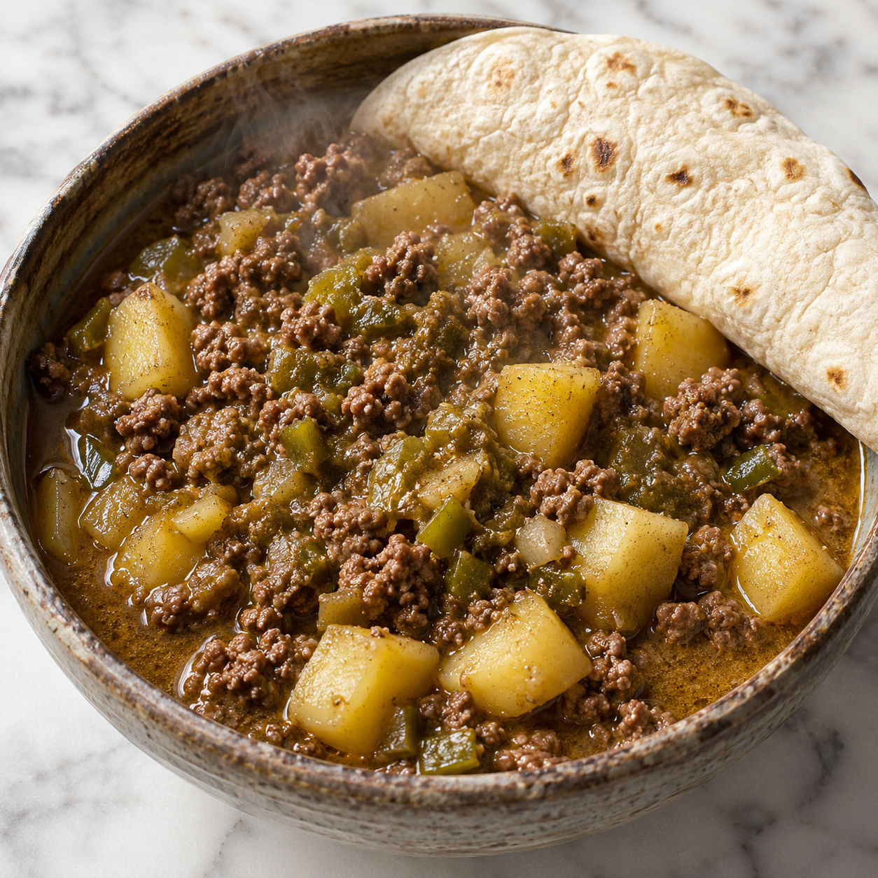 Green chile picadillo with ground beef and potatoes in a rustic ceramic bowl