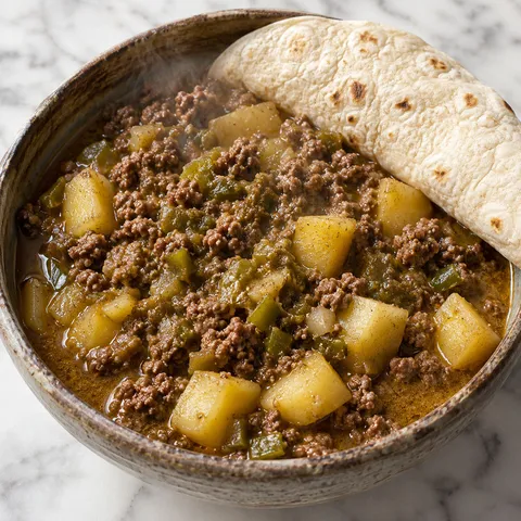 Green chile picadillo with ground beef and potatoes in a rustic ceramic bowl