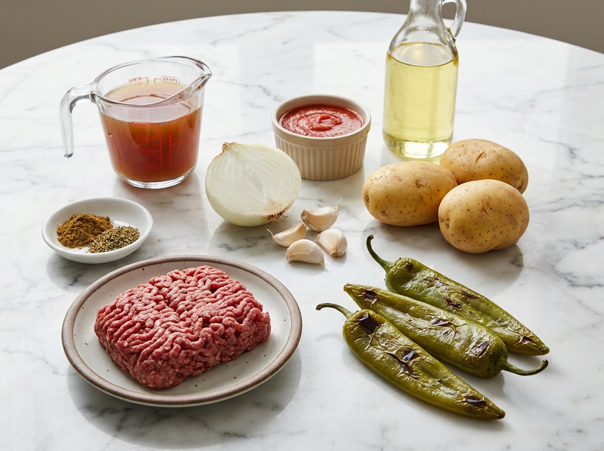 Raw ingredients for green chile picadillo arranged on a wooden surface