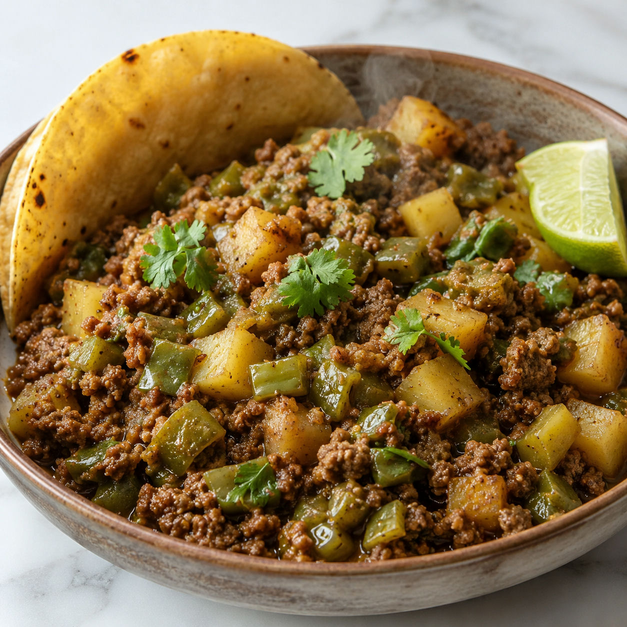 Green chile picadillo with ground beef and potatoes in a rustic ceramic bowl with a corn tortilla and lime