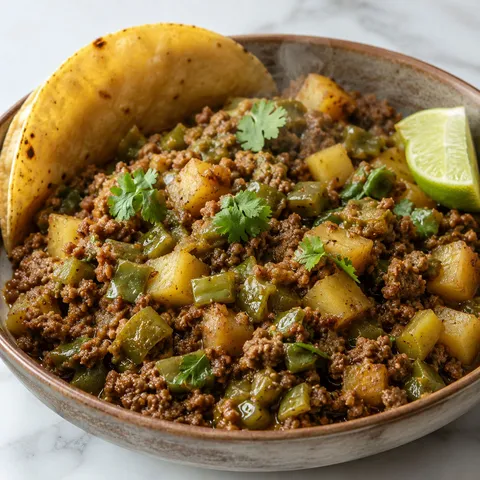 Green chile picadillo with ground beef and potatoes in a rustic ceramic bowl with a corn tortilla and lime