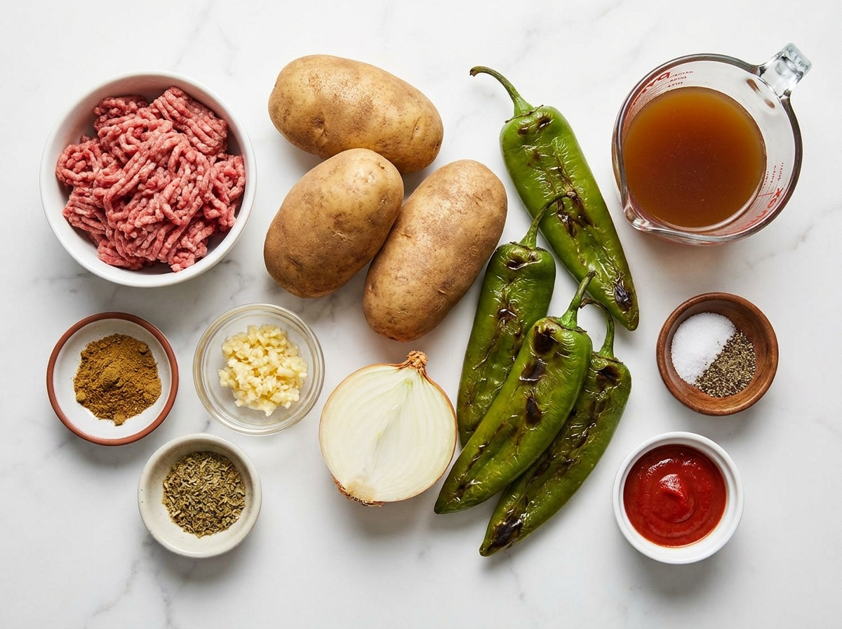 Raw ingredients for green chile picadillo including ground beef, potatoes, roasted chiles, and spices on a wooden surface