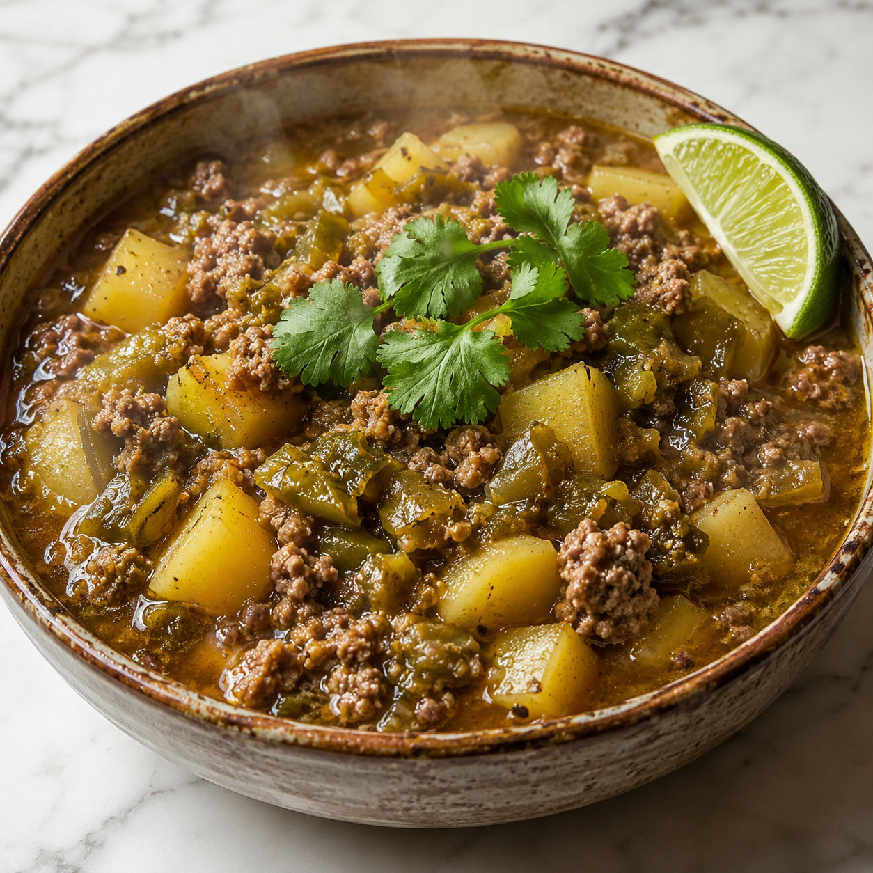 Green chile picadillo with ground beef and potatoes in a rustic ceramic bowl