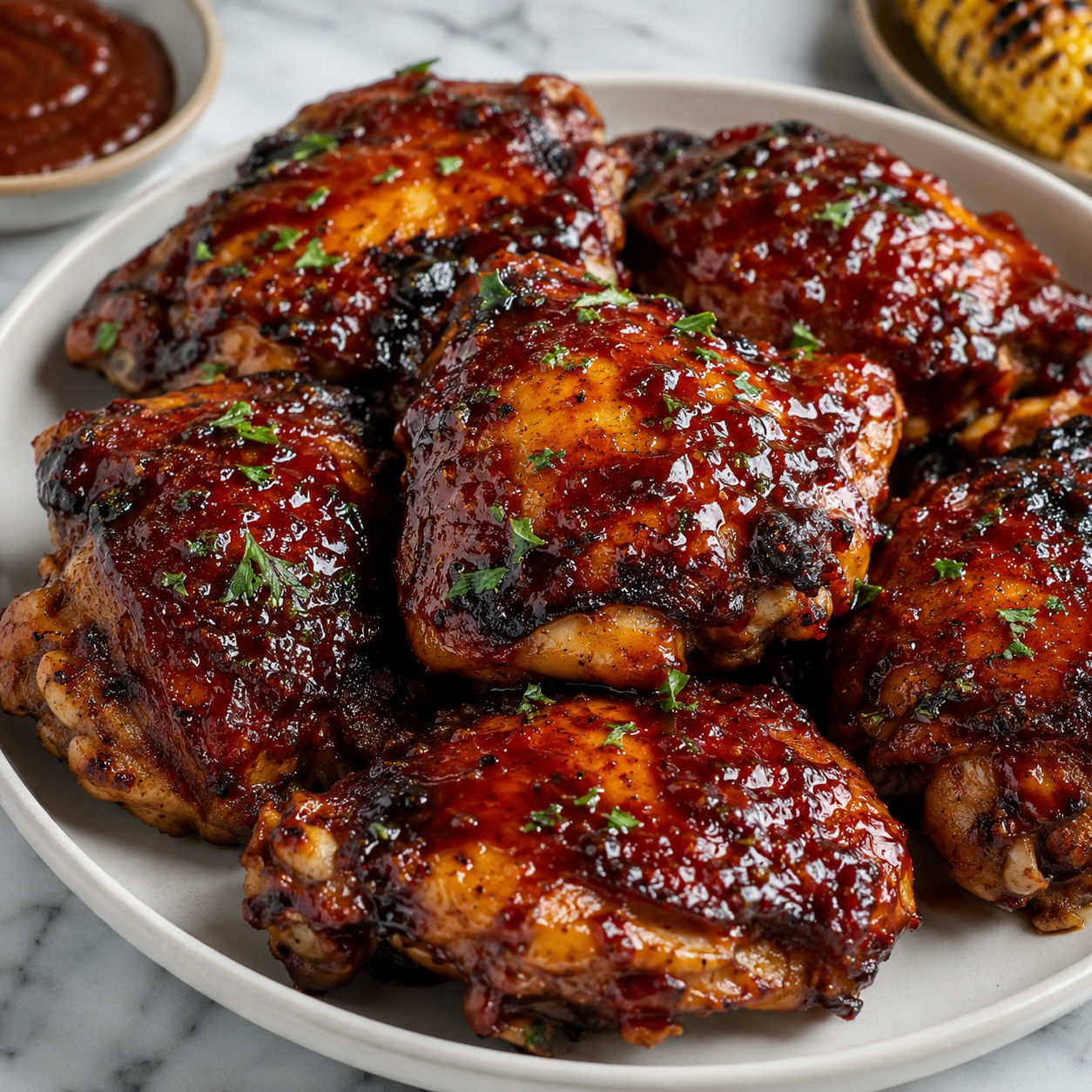 Grilled BBQ chicken thighs with glossy sauce and charred edges