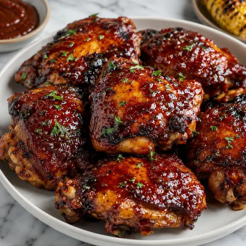 Grilled BBQ chicken thighs with glossy sauce and charred edges