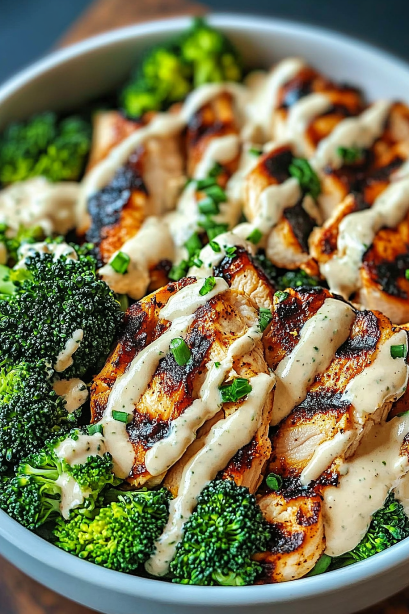 Grilled Chicken and Broccoli Bowl with Garlic Sauce