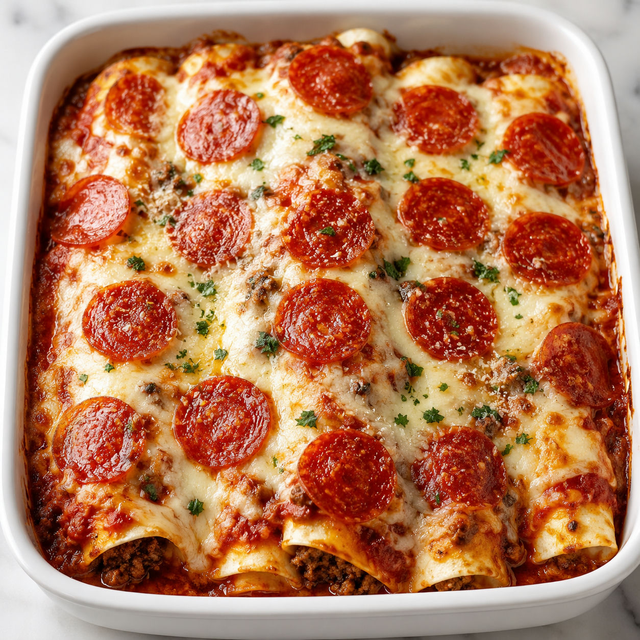 Ground beef pizza enchiladas with melted mozzarella and pepperoni