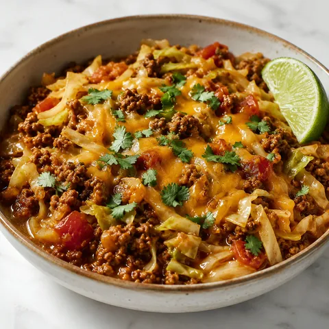 Ground beef taco cabbage skillet in a shallow bowl with melted cheddar cheese and cilantro