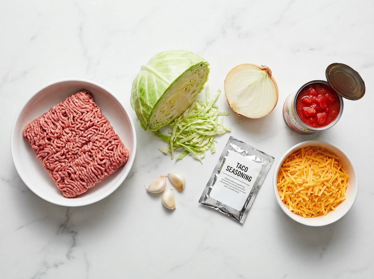 Raw ingredients for ground beef taco cabbage skillet on a wooden surface