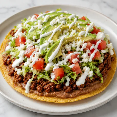 Ground beef tostada loaded with refried beans, avocado, queso fresco, and crema on a ceramic plate