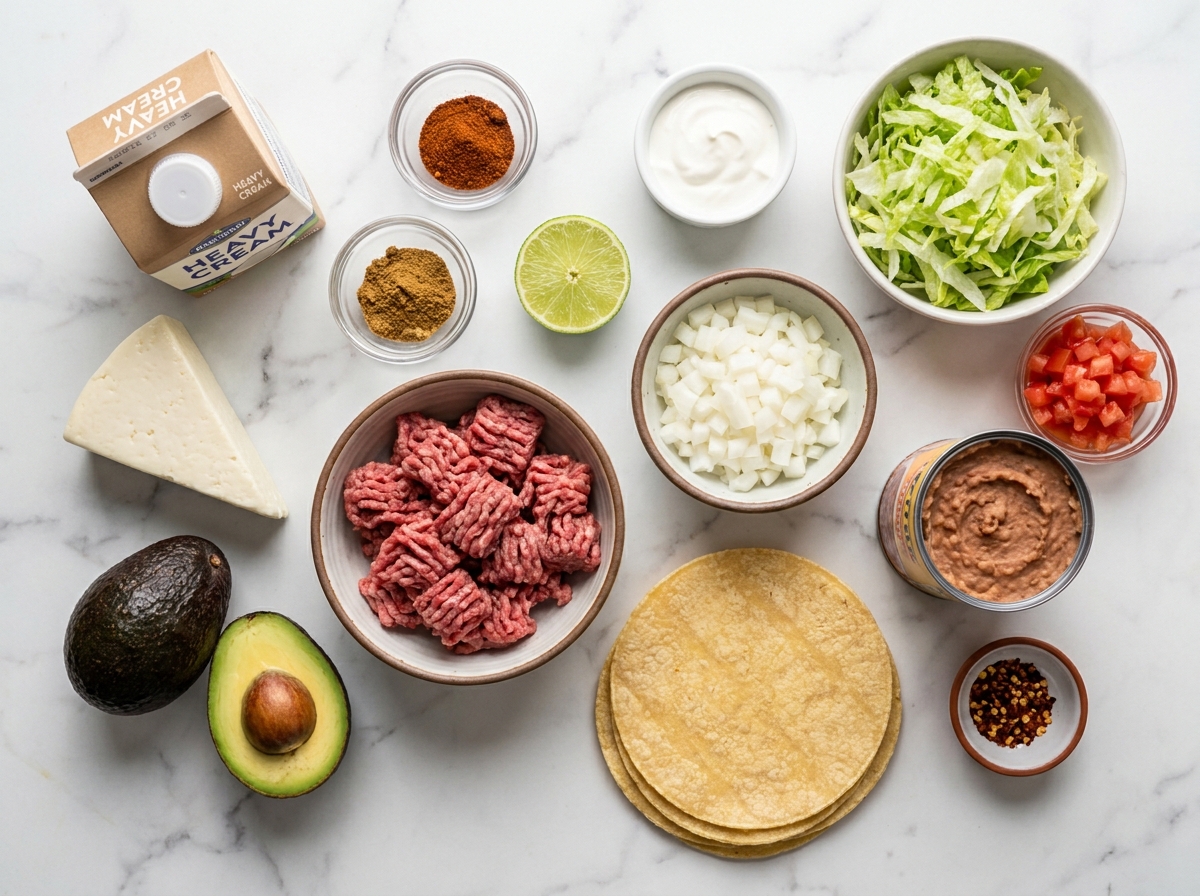 Raw ingredients for ground beef tostadas including corn tortillas, beef, avocado, queso fresco, and lime on marble