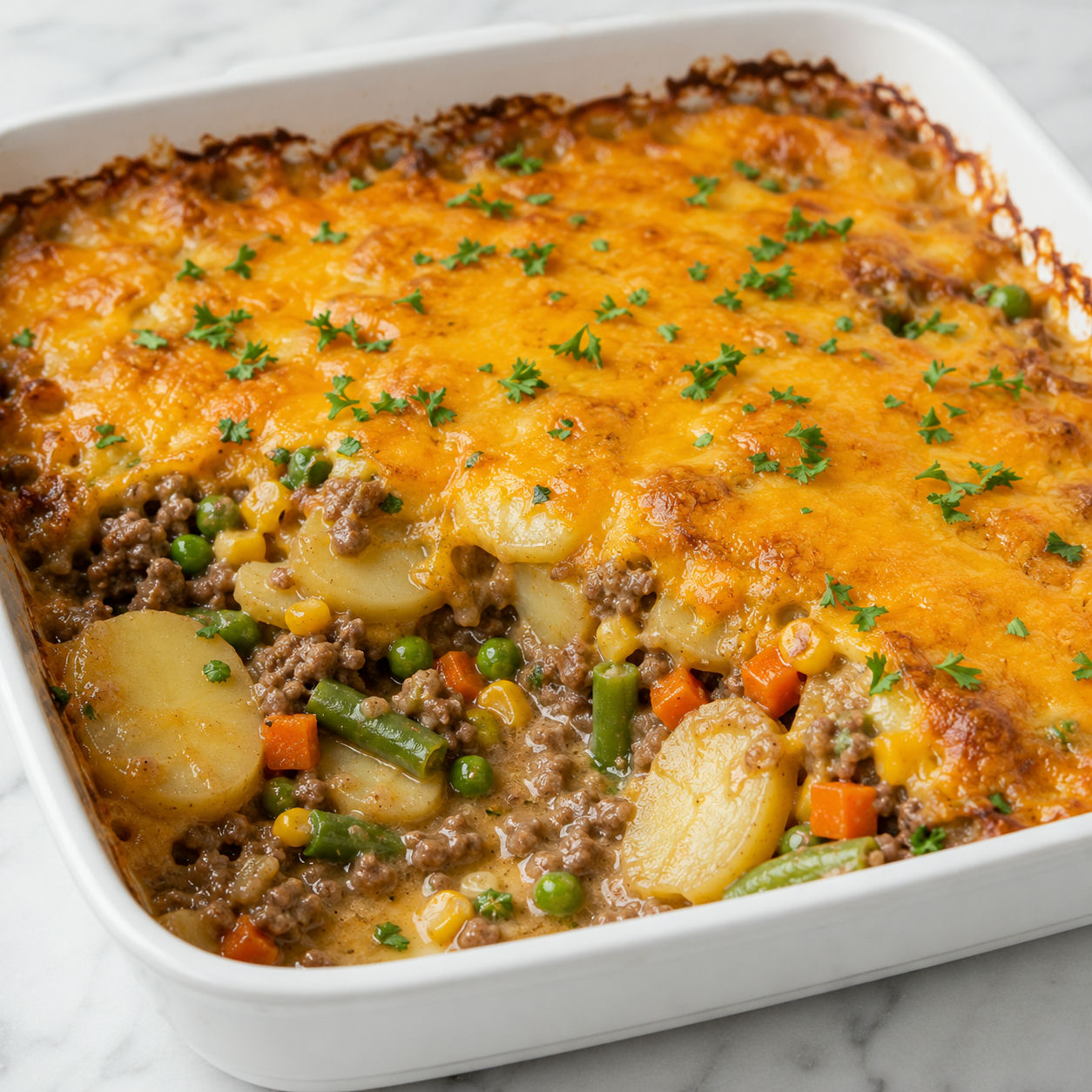 Ground beef and veggie hobo casserole with potatoes and melted cheddar