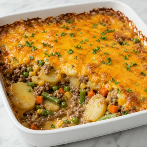Ground beef and veggie hobo casserole with potatoes and melted cheddar