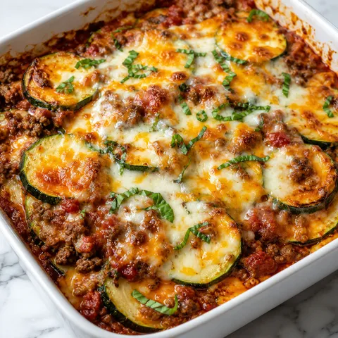 Cheesy ground beef zucchini bake with basil in a white casserole dish