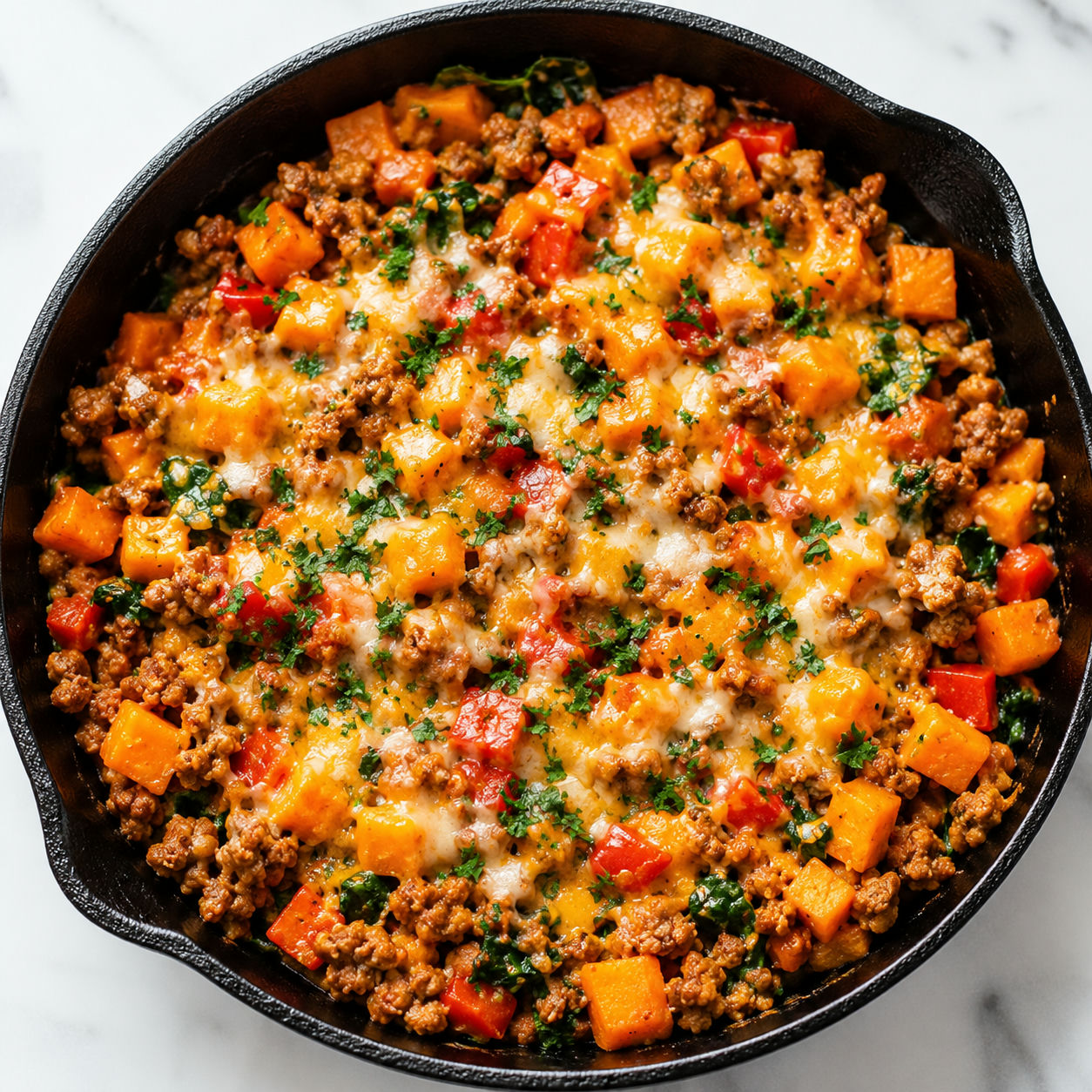 Ground turkey sweet potato skillet with melted cheese and parsley