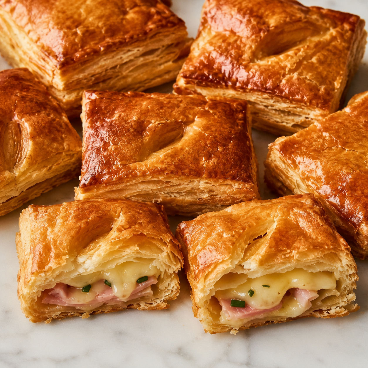 Flaky ham cheese puff pastry pockets with melted cheese and chives