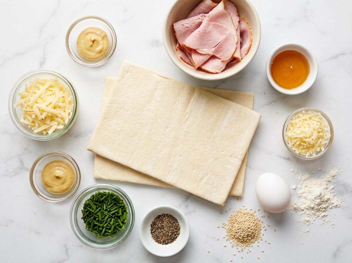 Ingredients for ham cheese puff pastry with ham, cheese and puff pastry
